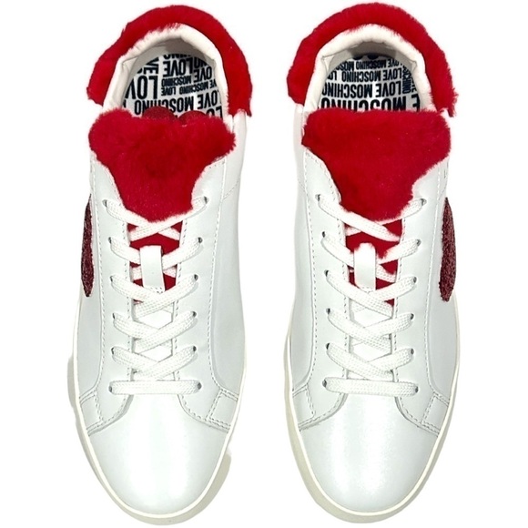 Love Moschino Logo  Glitter-Red Heart With Red Faux Fur detail low-top sneaker - Picture 9 of 16
